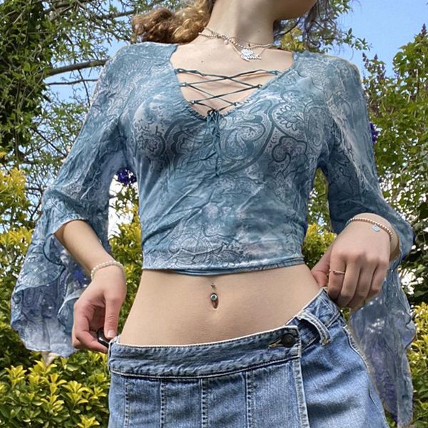 

women's t-shirt 2021 woman girl y2k long sleeve v-neck bandage print crop high street tee clothes, White