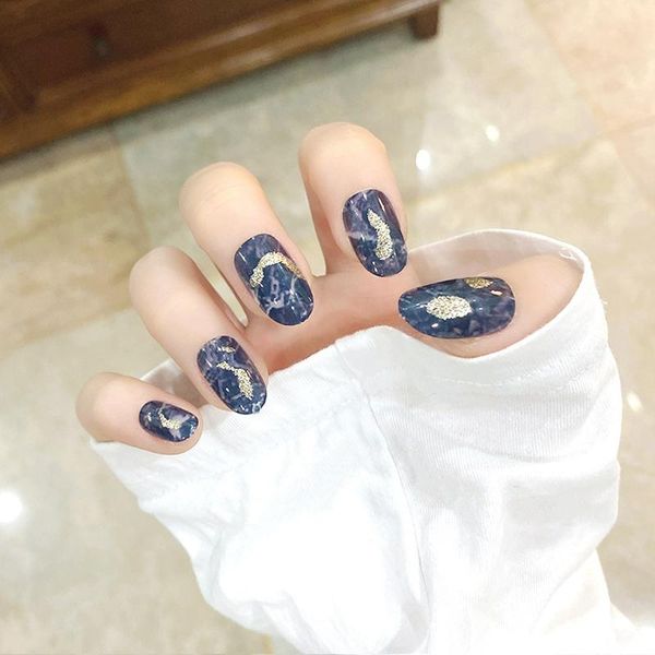 

false nails 24pcs fake with glue blue-gray marbled gold foil polished nail stickers finished press on designs dl, Red;gold