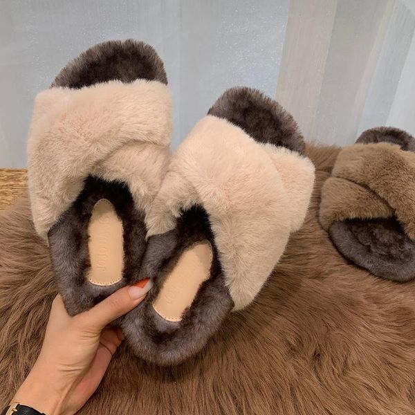 

slippers thick soled imitation mink cross band wool women wear autumn 2021 korean flat bottom shoes, Black