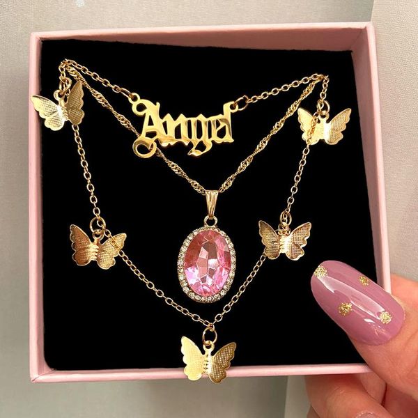 

boho golden letter butterfly pendant necklace for women multilayer geometric crystal twisted chain necklaces punk jewelry gifts chains, Silver