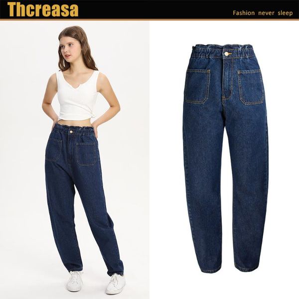 

women's jeans cross-border elastic waist female 2021 summer tall loose wide-legged haroun pants dad, Blue
