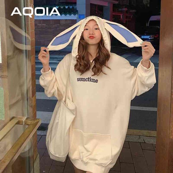 

autumn kawaii rabbit ear women's hoodies sweatshirt pockets oversize loose sweatshirts women winter fashion female pullover 210521, Black