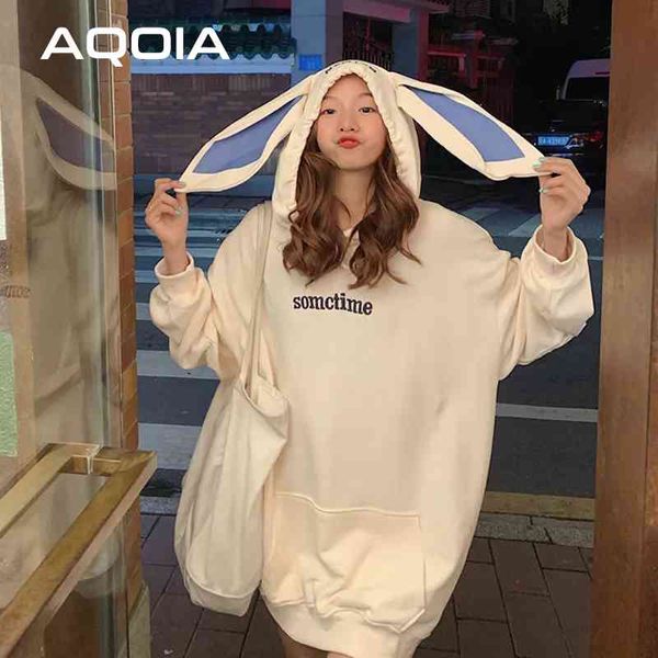 Sonbahar Kawaii Tavşan Kulak kadın Hoodies Kazak Cepler Boy Gevşek Tişörtü Kadın Kış Moda Kadın Kazak 210521