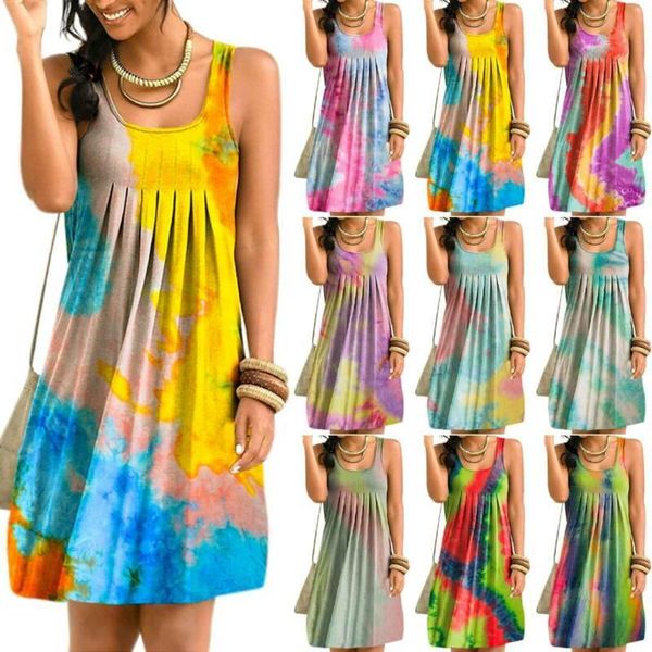 

casual dresses women dress beach sleeveless tie-dye pleated short mini loose summer sundress clothing, Black;gray