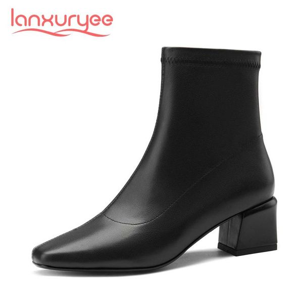 

boots lanxuryee 2021 natural leather brand shoes square toe thick high heel zip noble solid young girls basic ankle l47, Black