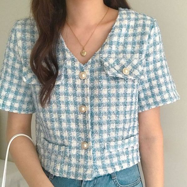 

women's jackets vintage tweed short coat for women 2021 summer sleeve plaid crop casual woolen veste femme streetwear outwear, Black;brown