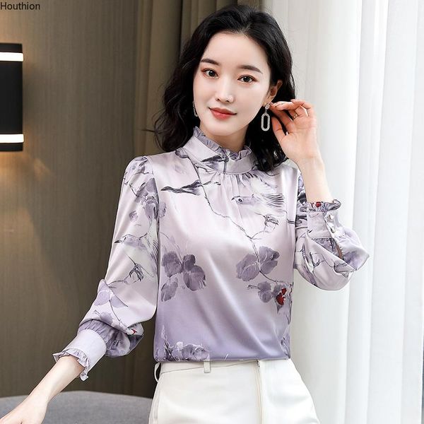 

women's blouses & shirts houthion silk slim casual blouse printing ruffled pullover spring/autumn fashion long sleeve lady blusas, White
