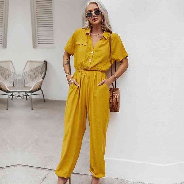 

spring summer new loose jumpsuits women casual solid color turn down collar fake pocket shirt jumpsuits 210326, Black;white