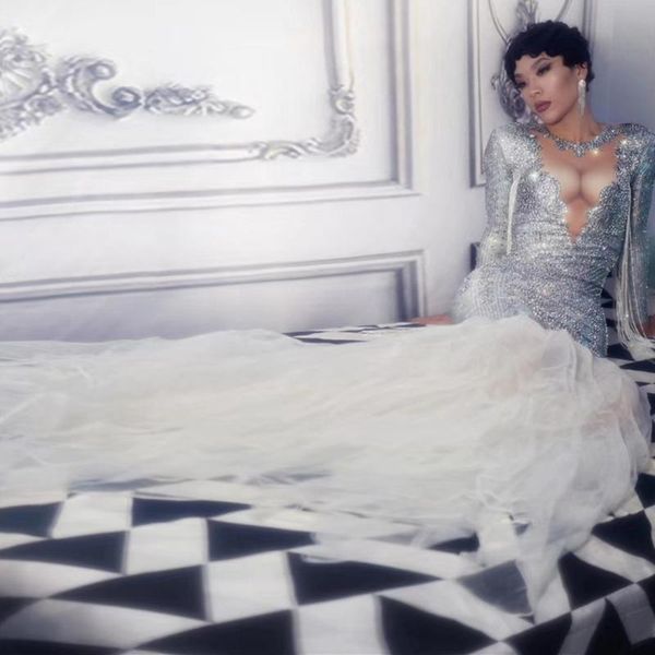 

casual dresses women stage long white yarn bling luxury fashion sparkling crystals nightclub party wear dancer singer dress, Black;gray