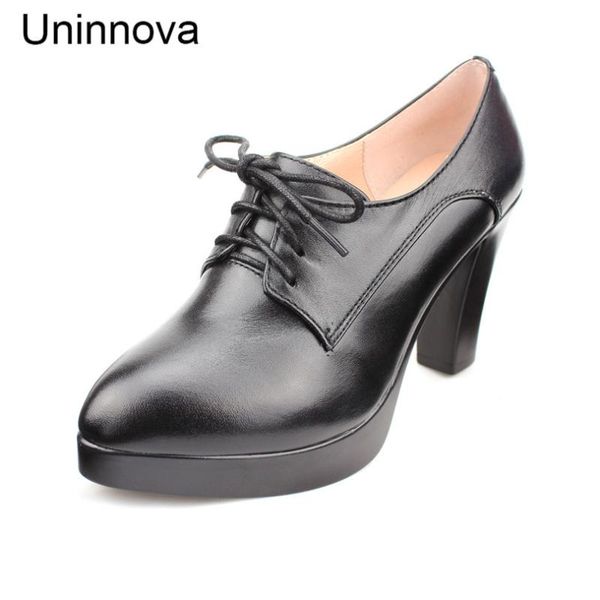 

dress shoes women's genuine leather super high heels platform pointed toe british derby shoeswax shoeslace court uninnova wp091, Black