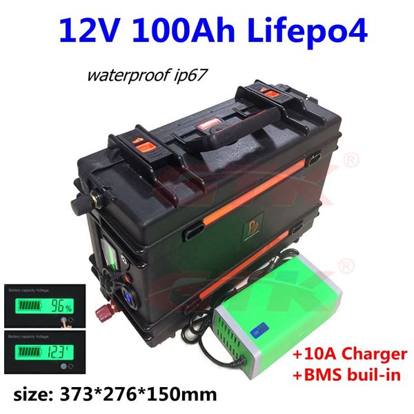 12 V 100AH ​​LIFPO4 Bateria de lítio para sistema solar AGM UPS Inversor Golf Trolley AutoCaravanas RV + 10A carregador