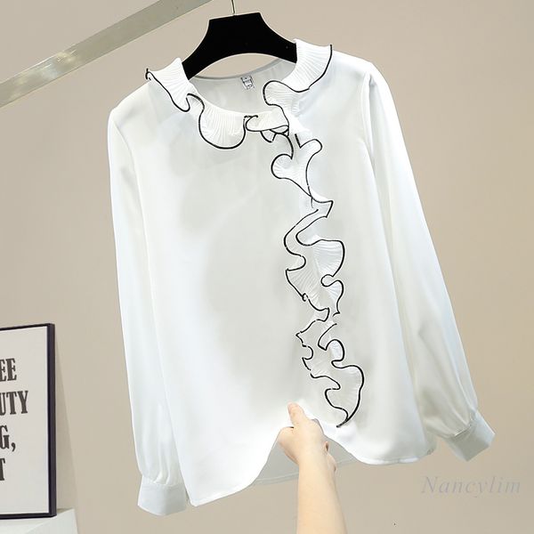 

blouses pleated three-dimensional ruffles blouse women zipper pullover chiffon shirt office lady spring white black