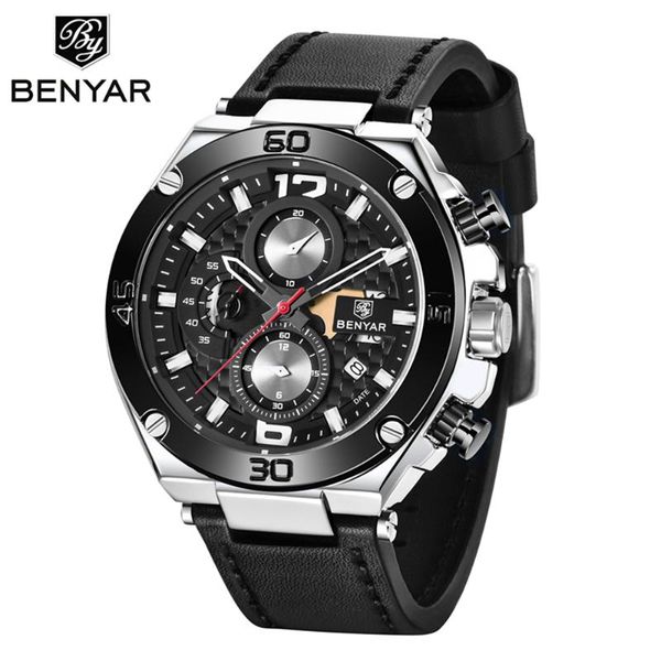 

wristwatches benyar brand 2021 leather watch male wristwatch for men men's sport watches waterproof chronograph luxury quartz, Slivery;brown