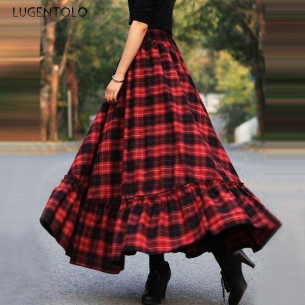 

lugentolo maxi skirt women plus size plaid printing ruffle stitching big swing high waist autumn fashion a-line skirts, Black