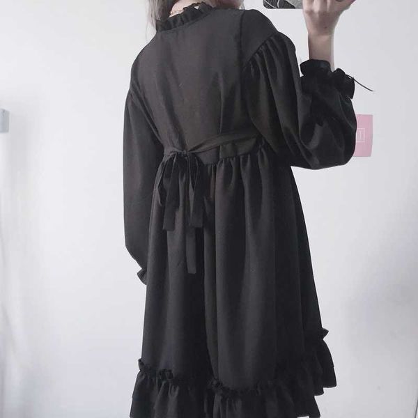 

2021woherb 2021 japanese gothic summer chiffon dress women vintage bow bandage ruffle black lolita dresses vestidos robe femme 21664, Black;gray
