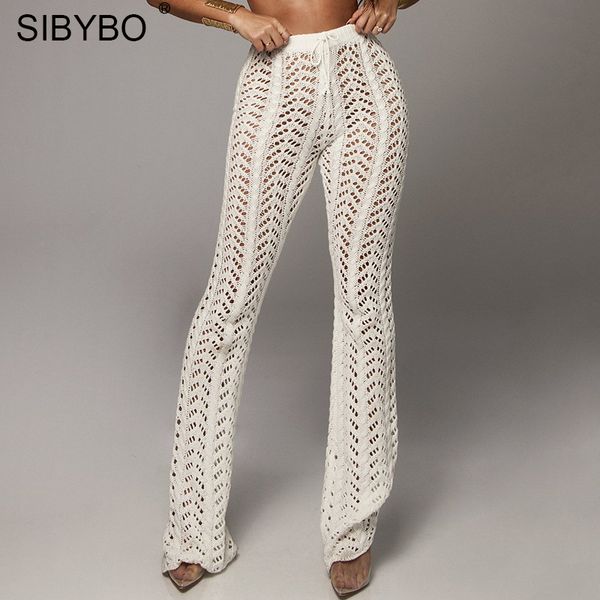 

sibybo hollow out knitted high waist pants women fashion crochet loose autumn trousers women cotton casual ladies pants, Black;white