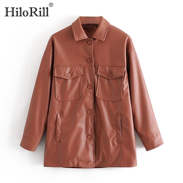 

women fashion solid pu faux leather jacket loose long sleeve streetwear pockets coat turn down collar outerwear 210508, Black