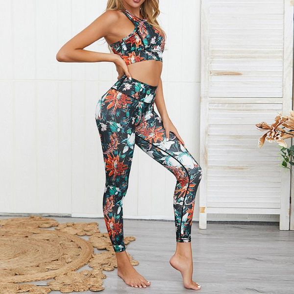 

women's leggings quick-drying pants women flower digital print crop high waist pant sport 2021two-piece outfits training gym, Black