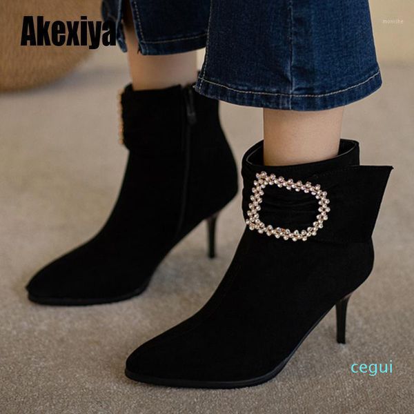 

boots quality women suede winter pointed toe metal decoration black autumn stiletto heels ankle booties large size 34-43