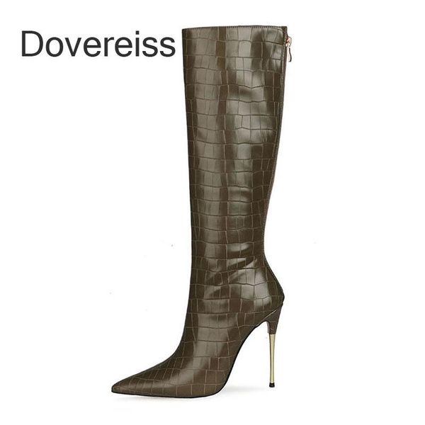 

boots dovereiss fashion female winter green elegant pointed toe stilettos heels knee high big size 44 45 46 47, Black