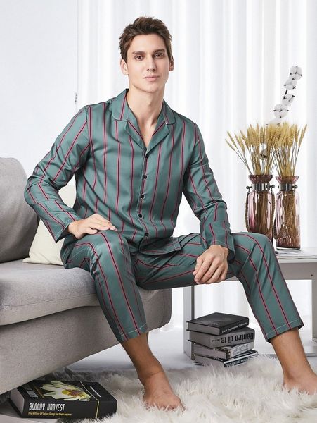 

men lapel striped button front pj set r3qg#, Black;brown
