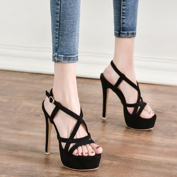 

dress shoes summer thin high heel 13cm button versatile fashion waterproof platform sandals, Black
