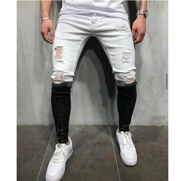 Erkek kot 2021Colored Yırtık Erkekler Casual Slim Fit Erkek Fermuar Skinny Homme Marka Motor Biker Hip Hop Beyaz Siyah Pantolon