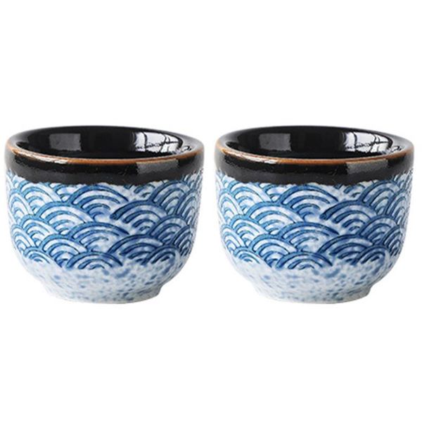 

2pcs japanese style glazed sake cup sea ripple serving cups for home & saucers