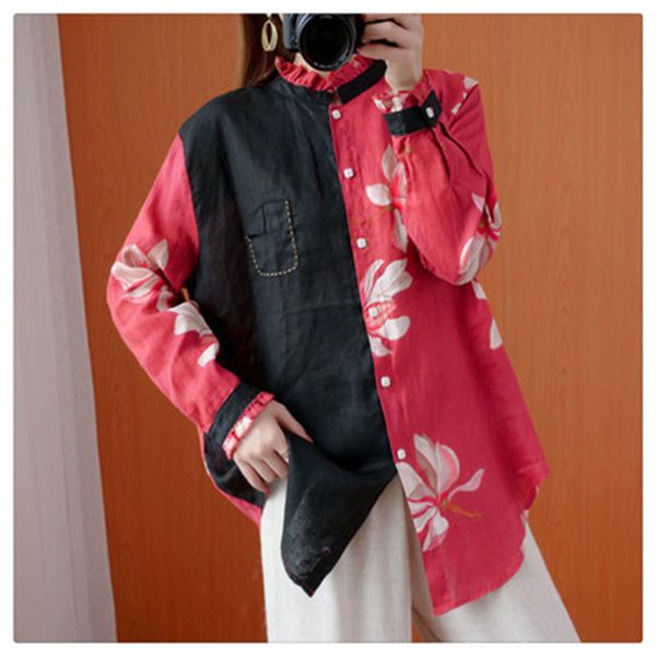 

shorts autumn arts style women long sleeve loose shirts patchwork vintage print cotton linen blusas big size blouses m573 ox51, White;black