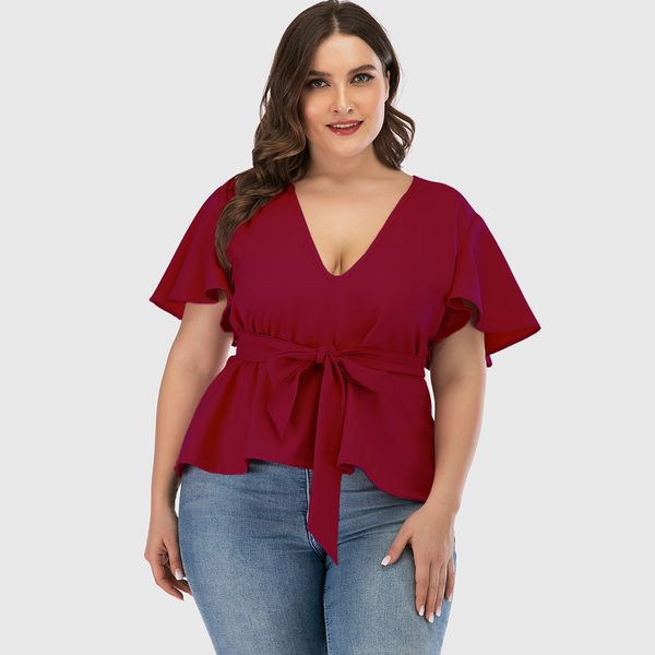 

women's plus size hy36005# large solid color deep v wear