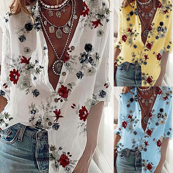 

women blouse pacthwork print buttons long sleeves loose autumn and winter vintage plus size blusas mujer de moda 2021 women's blouses, White