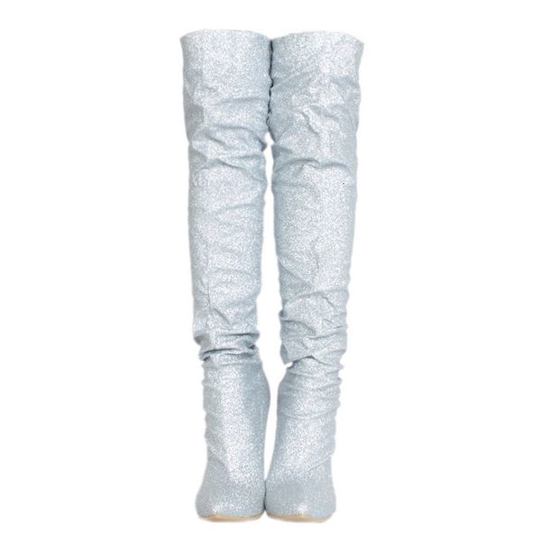 

boots olomm' woman winter glitter on her knee thin boots in high-silver heels pointed to the night girl's club shoes and size 5-15, Black