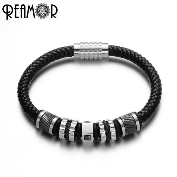 

charm bracelets reamor 17-21cm luxury men's bracelet genuine leather braided cz beads stainless steel magnetic clasp bangles jewelry, Golden;silver