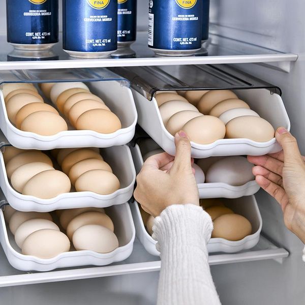 

14/21 grids japanese style stackable rolling egg box household transparent drawer type fresh-keeping holder tray storage bottles & jars