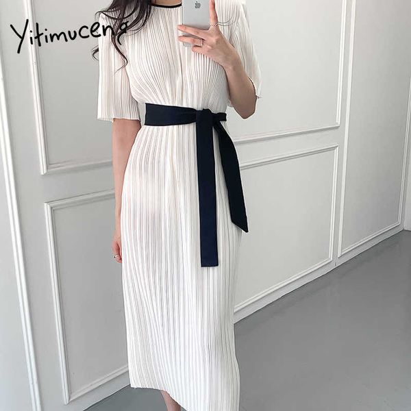 Yitimuceng vestido branco mulheres bandagem verão elegante midi vestidos de manga curta alta cintura roupas simples moda 210601