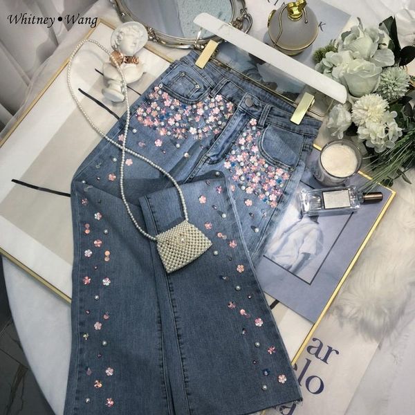 

women's jeans whitney wang 2021 autumn fashion streetwear sequins florals beading flare women stylish denim pants, Blue