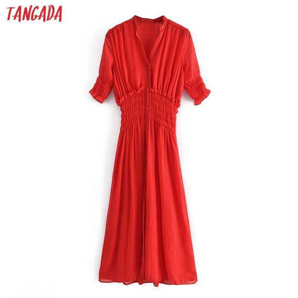 

tangada summer women red ruffles shirt dress strethy waist short sleeve ladies long dress vestidos 3h247 210609, Black;gray