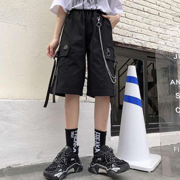 

women's shorts 2021 women side-pocket solid chain elastic waist loose plus size summer harajuku streetwear hip hop, White;black