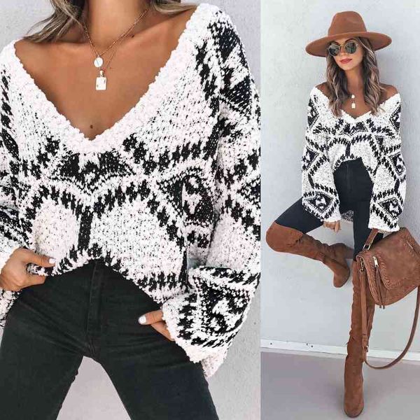

women's sweaters autumn winter loose knitwear v-neck korean print knitted casual oversized knit sweater pullovers men5, White;black