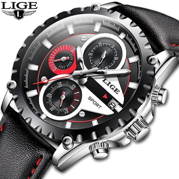 

wristwatches lige watches men sports waterproof date analogue quartz men's chronograph business for relogio masculino+box, Slivery;brown