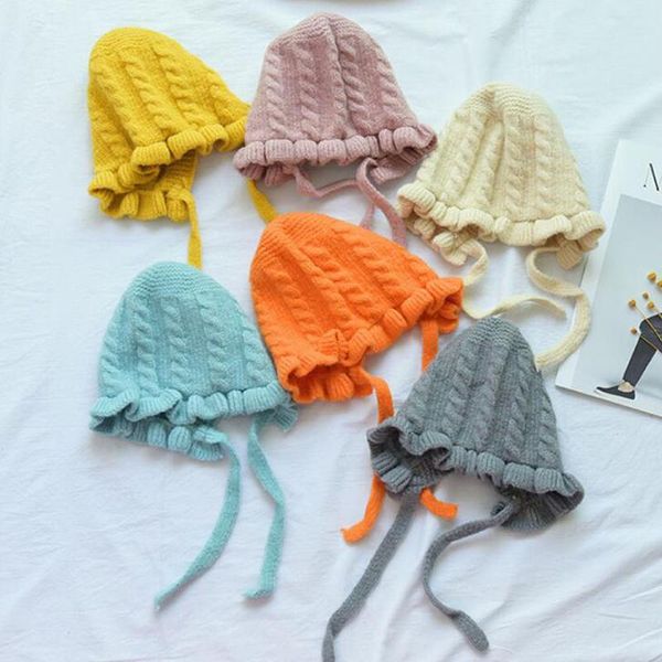 

baby girl hats fashion ruffled windproof caps red knitted children's for autumn winter 9 color &, Yellow
