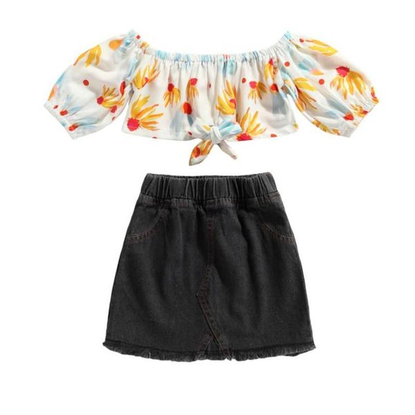 

clothing sets 2 pieces kids suit set summer flower print boat neck short sleeve solid color denim skirt for girl 2-7 years, White