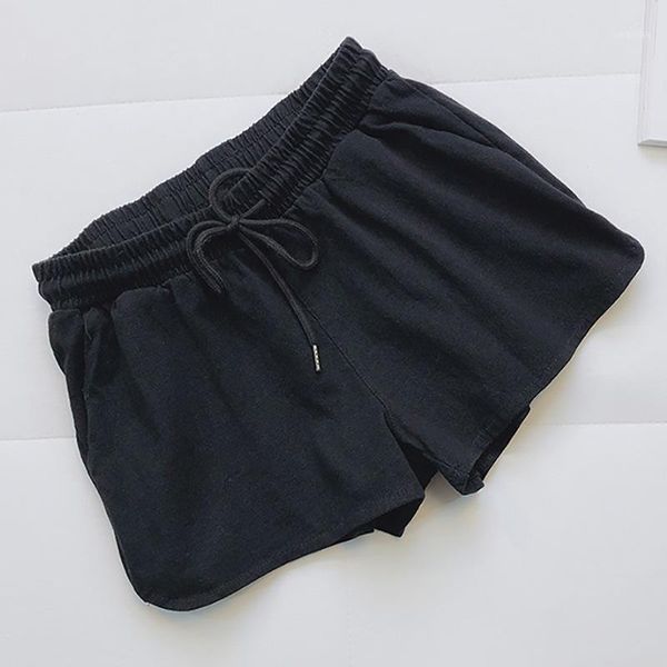 

female elastic waist sports loose solid color cotton blend shorts 2021 women's, White;black