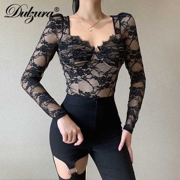 

lace patchwork women puff long sleeve shirt bodycon streetwear party club 2021 spring summer clothes elegant, Black;white