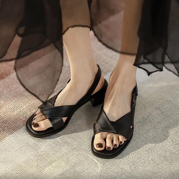 

sandals black roman women's thick heel leather simple and versatile summer 2021 comfortable