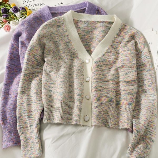 

women's knits & tees korean style v-neck single-breasted long-sleeved cardigan sweater autumn 2021 color knitted slim-fit soft warm, White