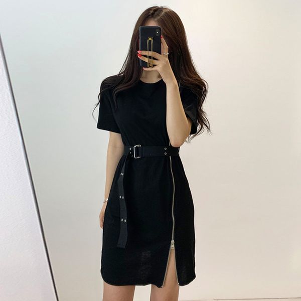 

women's dress retro zipper split t-shirt skirt wild long section lace casual short sleeve pl181 women 210506, Black;gray