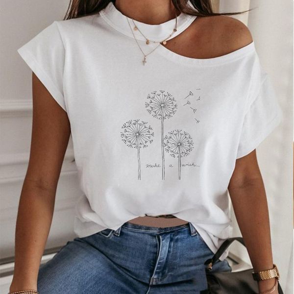 

women's t-shirt ea white dandelion print o-neck short sleeve casual female summer tees streetwear 100% cotton cold shoulder 2021