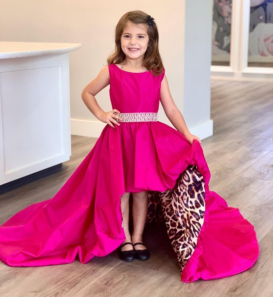 Маленькая мисс Pageant платье для подростков юниоров малыши 2022 бисером кристалл створок Hi-Lo девочка формальная вечеринка носить платье розовый ритенский леопардовый печать свадьбы высокие