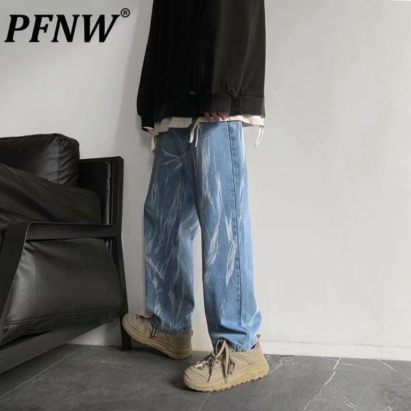 

men's jeans pfnw 2021 camouflage denim overalls korean loose straight leg pants ins fashion handsome snowflake trousers 0328, Blue